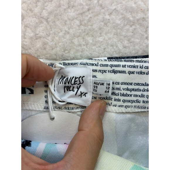 Princess Polly In My Element Mid Rise Pants Women’s 12 White Newspaper Print NWT - Picture 8 of 13